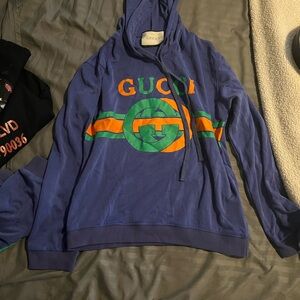 Gucci Blue Hoodie with Green and Orange Logo Stripe